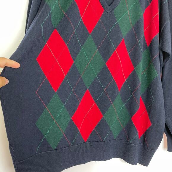 Argyle Print V-neck Men's Sweater Made in Scotland 100% Lambswool size XL Preppy - Picture 3 of 10